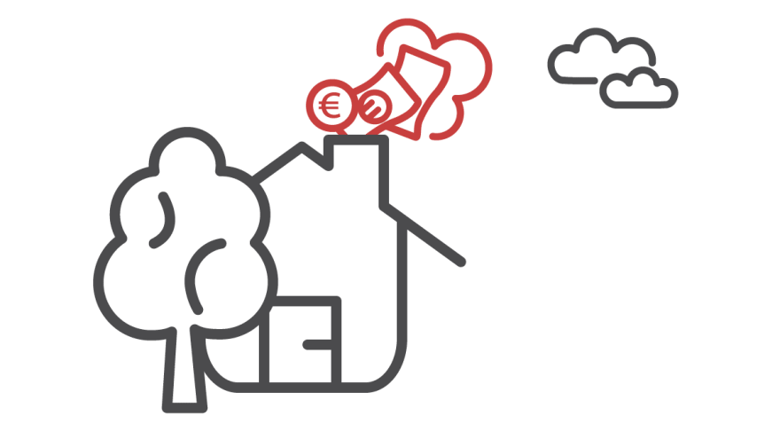 Das Icon zeigt ein Haus, bei dem Geld in einer Rauchwolke aus dem Schornstein davonfliegt.